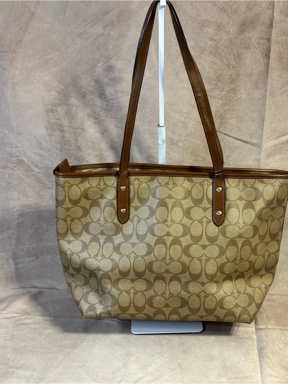 Classic Coach Beige Signature Tote in Tan with Brown Trim